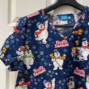 Frosty the Snowman Women's Size L Winter Uniform‎ Scrub Top Blue White V Neck